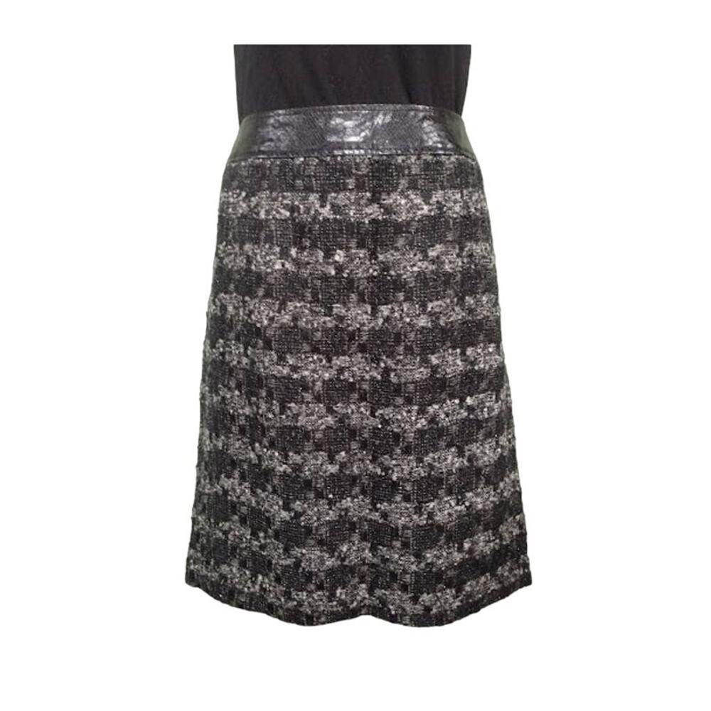 Tory Burch Fully Lined Tweed Skirt with Leather Trim, Blk Gray, Sz 10 NWT